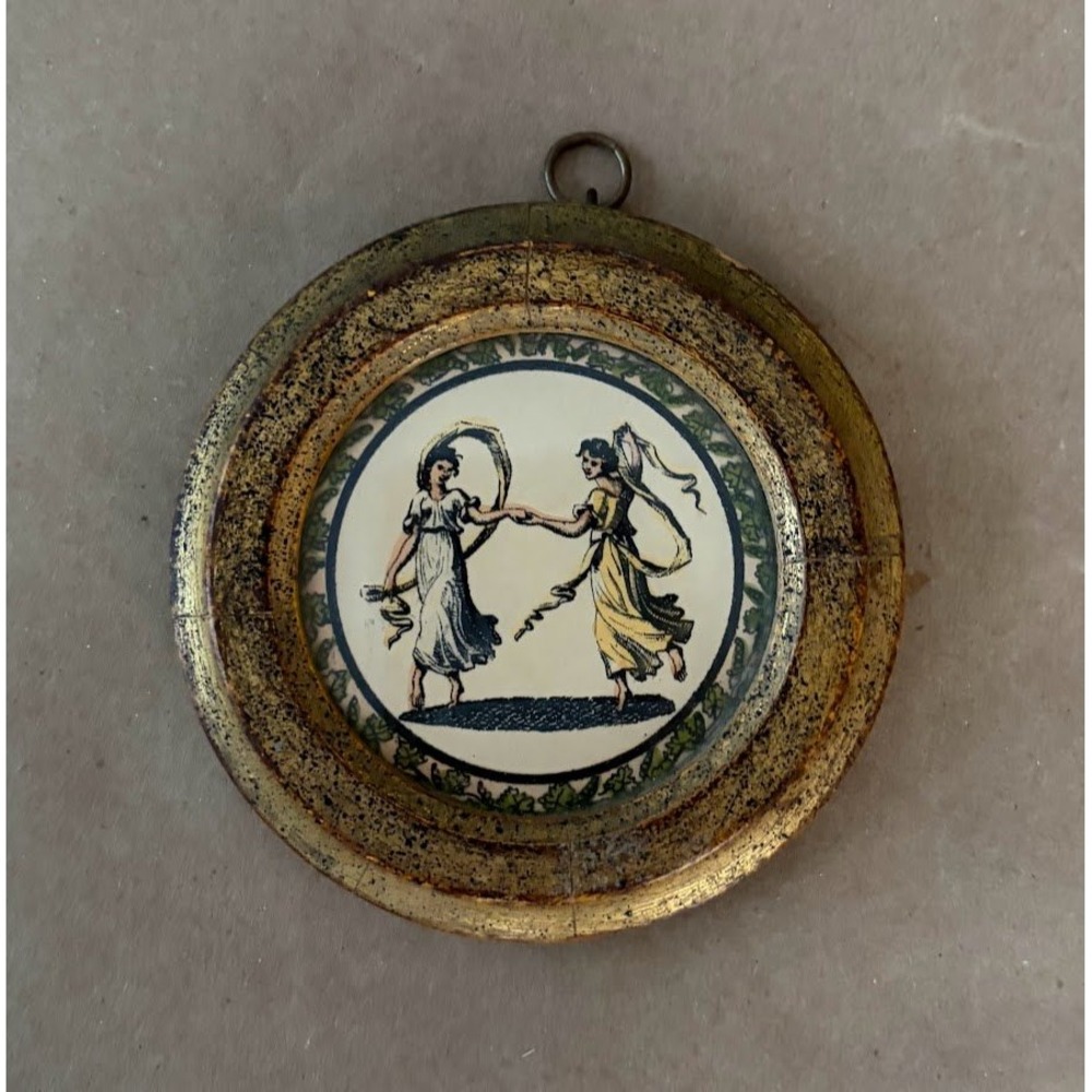 Vintage Italian Tole Gold Gilt Round Miniature Framed Art Dancing Maidens Greek